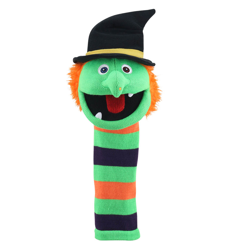 Puppet Company Witch Wilma monster sock puppet, green knitted character with black pointed hat, orange fringed hair, hooked nose and green, orange and black striped body