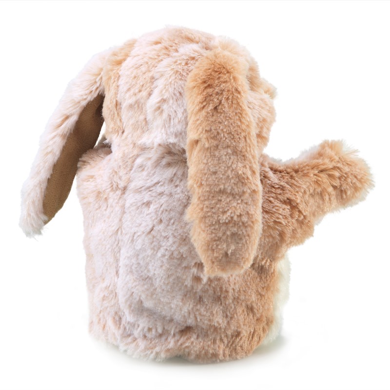Folkmanis little lop-eared rabbit hand puppet seen from behind, beige-cream plush fur, long drooping ear and movable arm visible