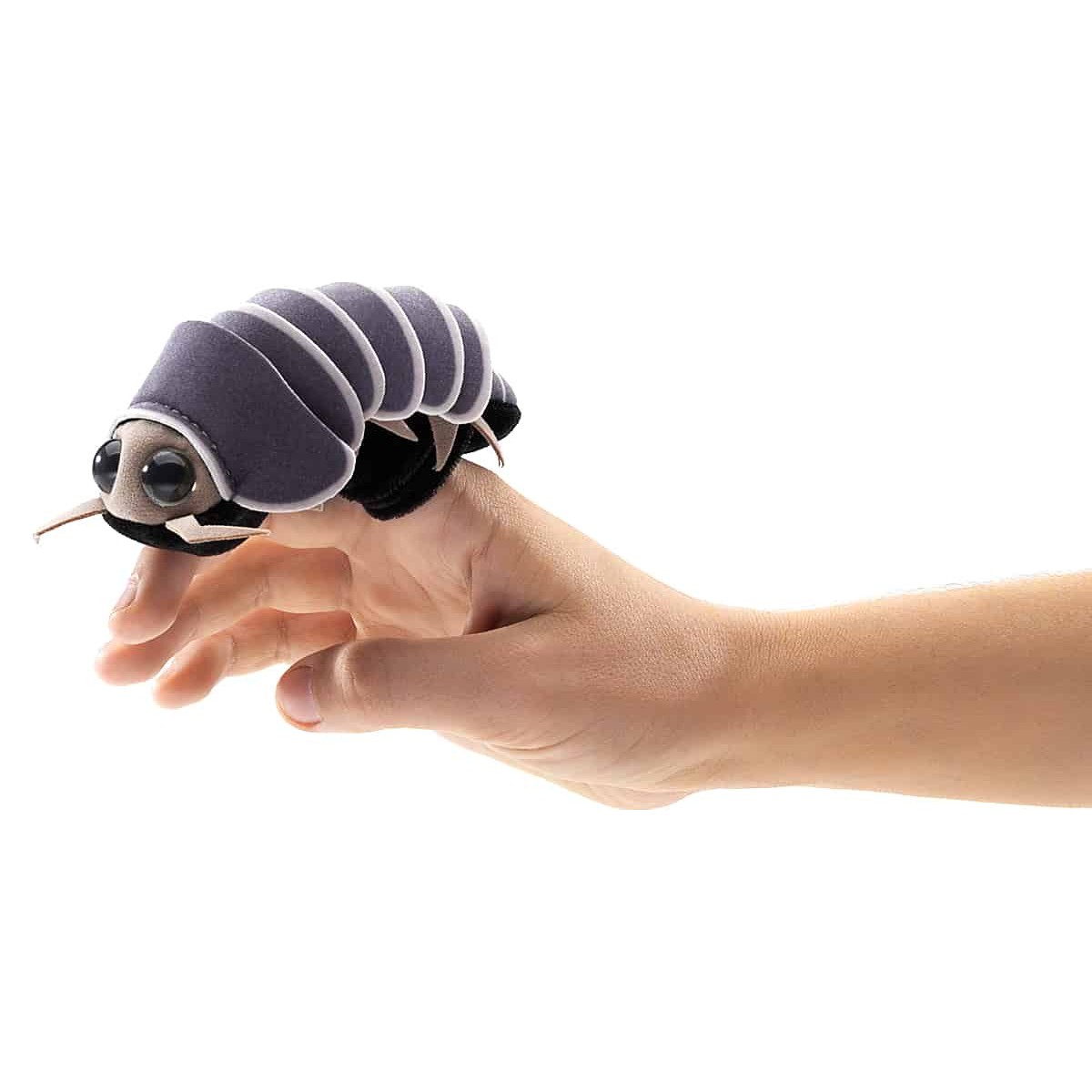 Folkmanis mini roly poly finger puppet in grey on a hand, side view showing segmented shell and large glass eyes