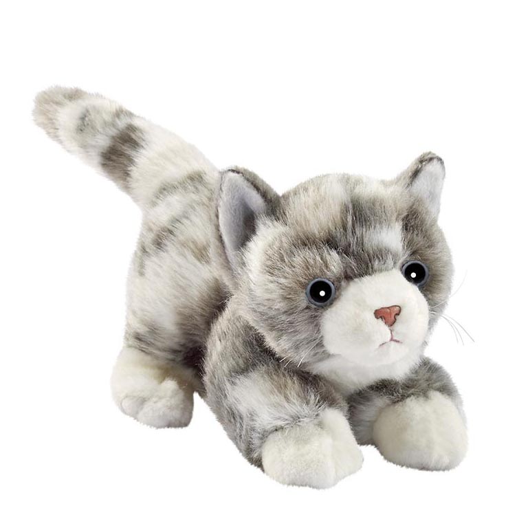 Playful kitten by Anima with grey tabby fur and a white chest, crouching with a raised tail