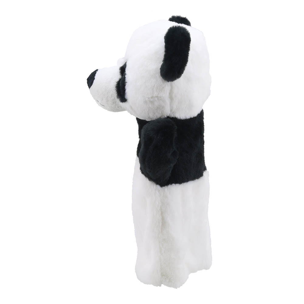 The Puppet Company baby hand puppet panda, white puppet with a black ear and black arm band, side view