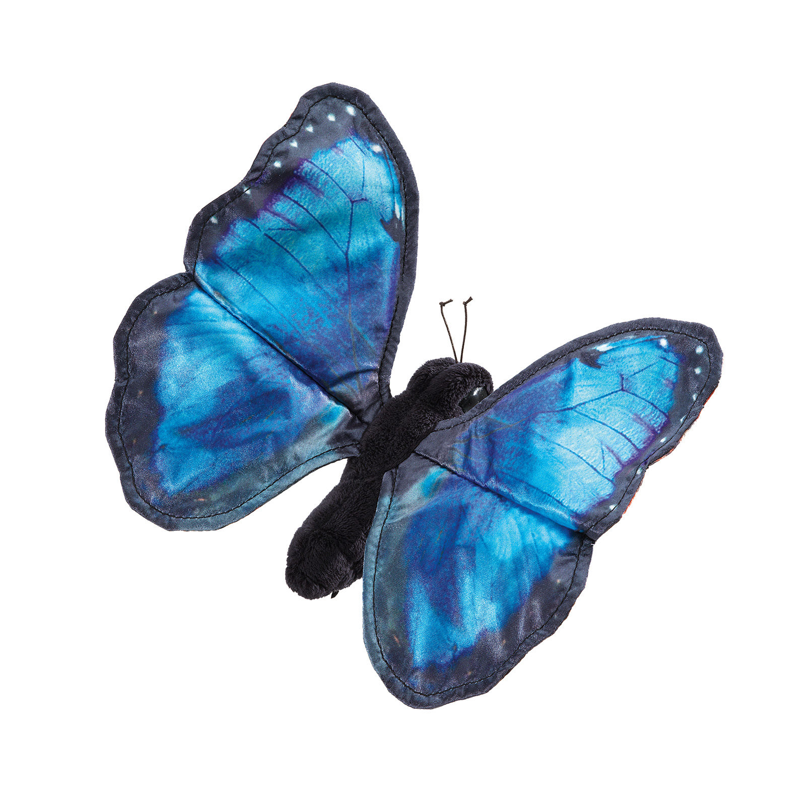 Folkmanis Blue Morpho Butterfly hand puppet with shimmering blue-black wings and delicate antennae, top view