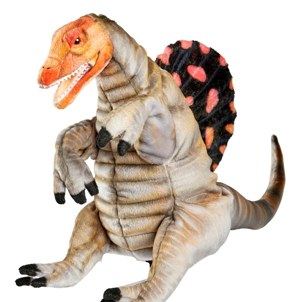 Spinosaurus hand puppet by Hansa Creation with a striped body, orange-spotted back sail and open mouth
