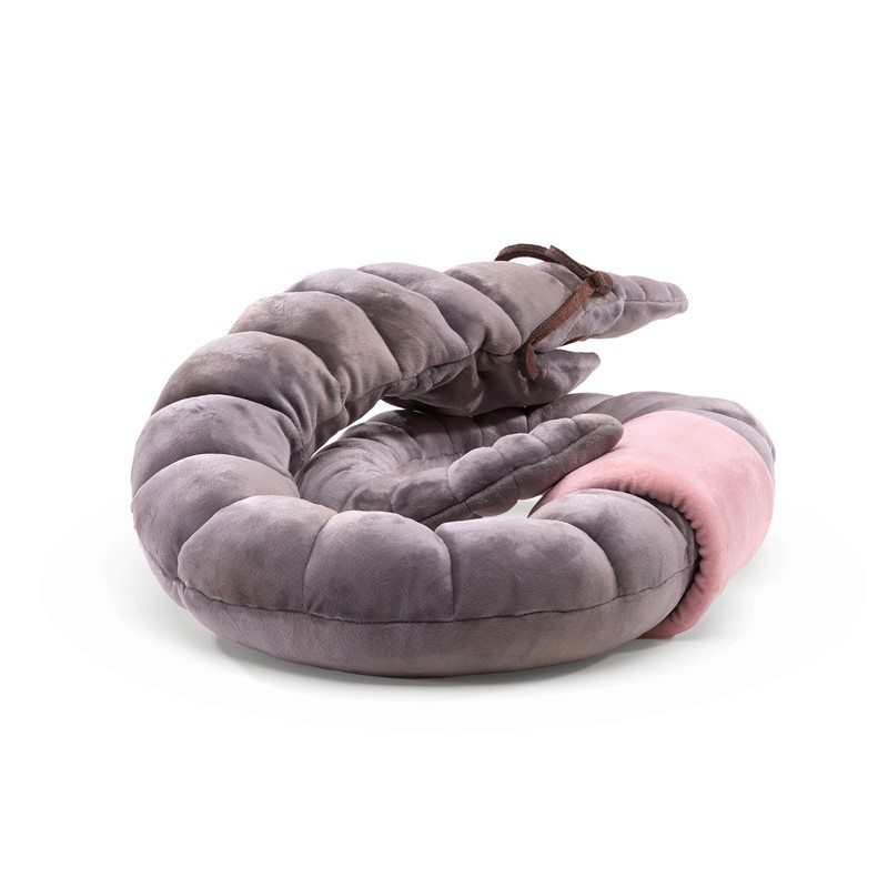 Folkmanis bookworm hand puppet in grey plush, coiled into a ring, with a pink belly and brown head