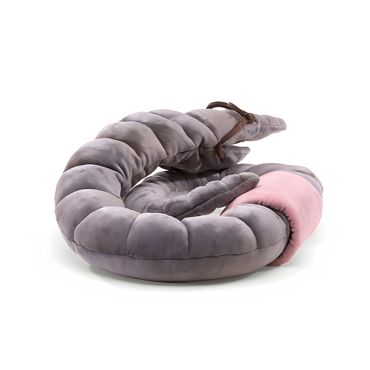 Folkmanis bookworm hand puppet in grey plush, coiled into a ring, with a pink belly and brown head