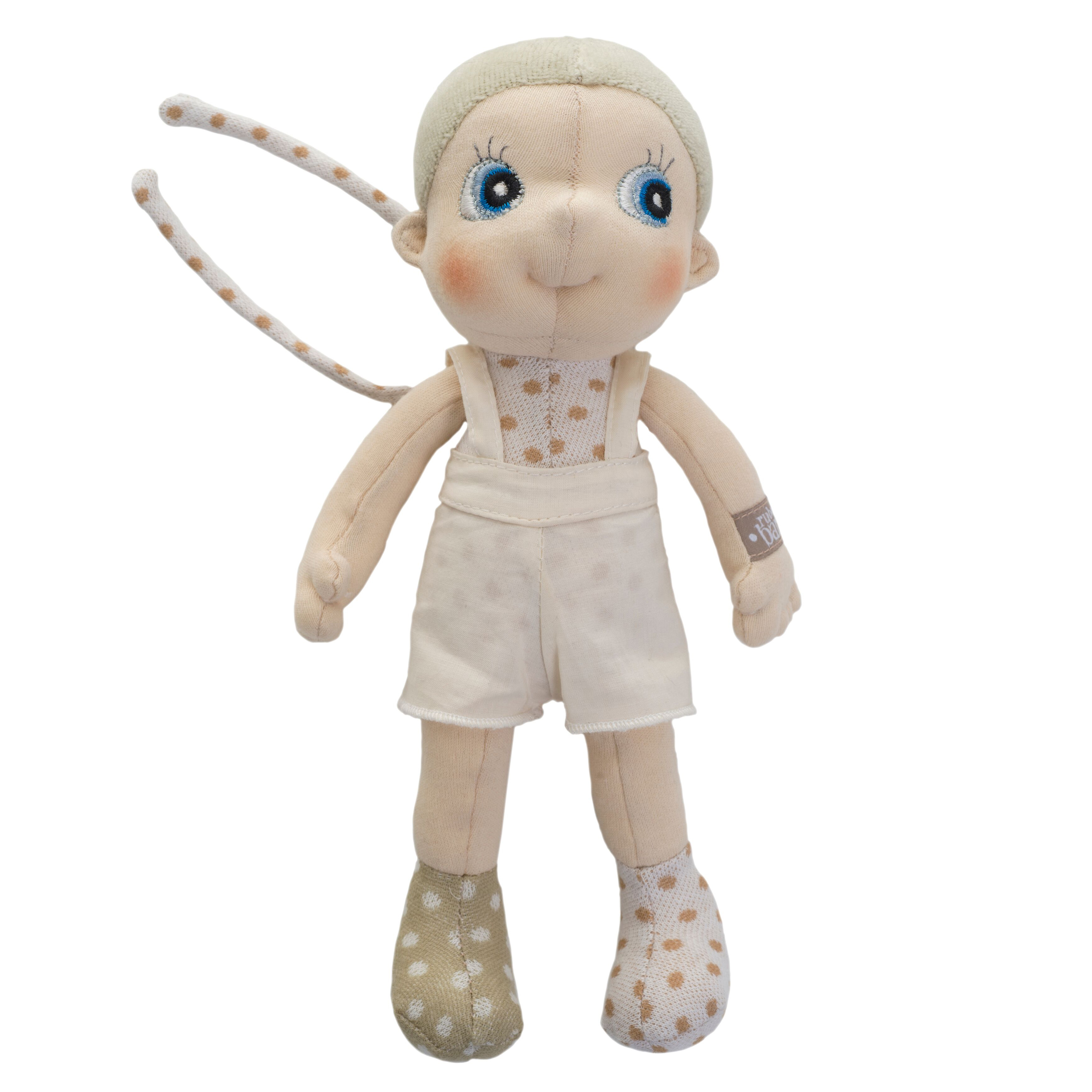 Rubens EcoBuds mini doll Elm with light hair, white bib shorts and dotted booties