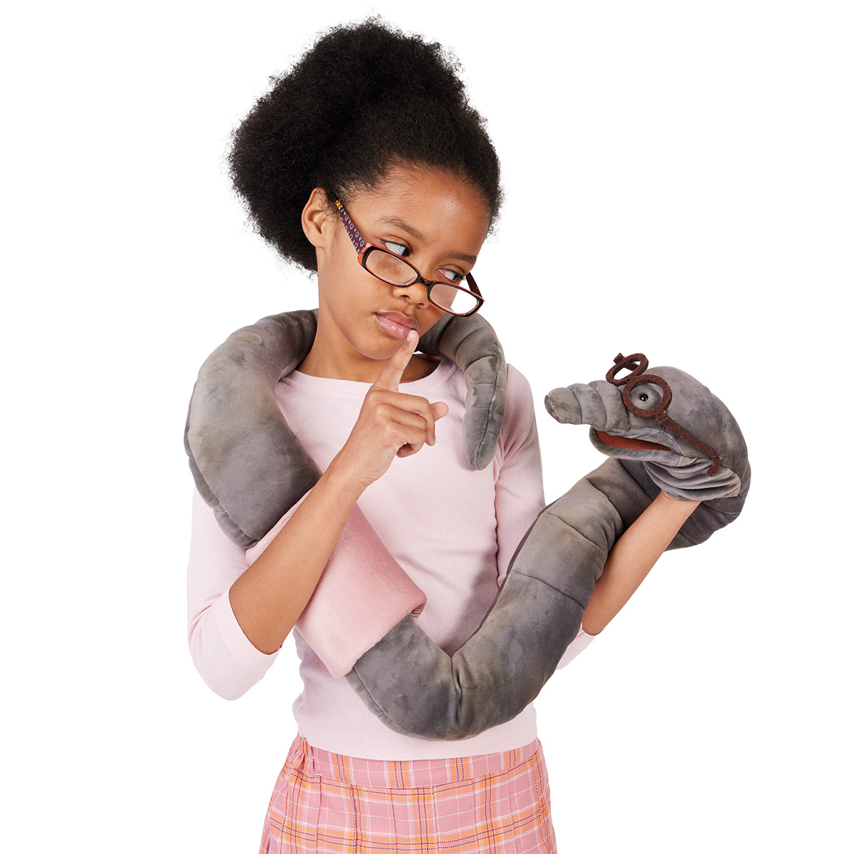 Girl operating a grey Folkmanis bookworm hand puppet with glasses, coiled around her shoulders