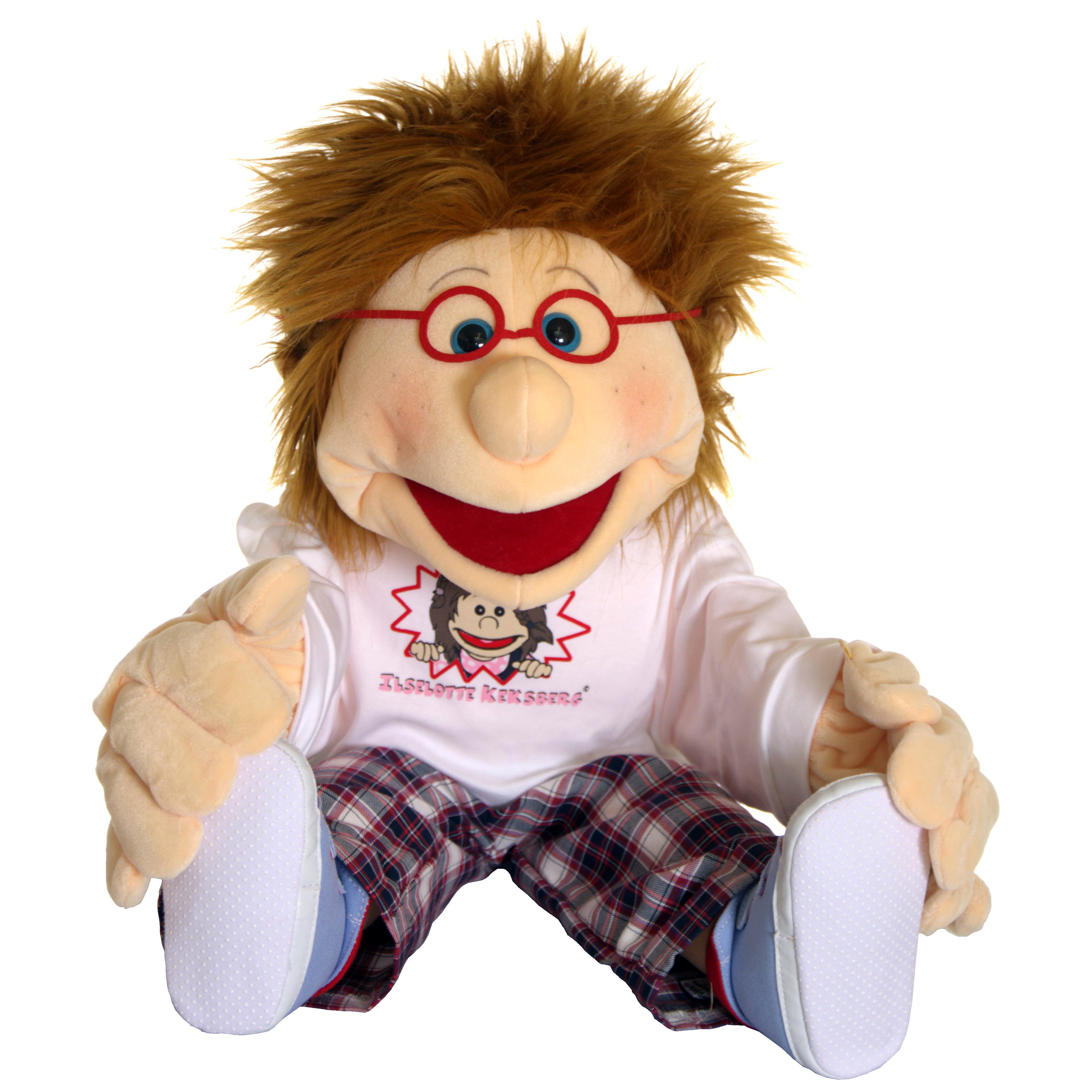 Living Puppets hand puppet Peterchen with red glasses, tousled hair, white shirt with a hedgehog motif and plaid trousers, sitting