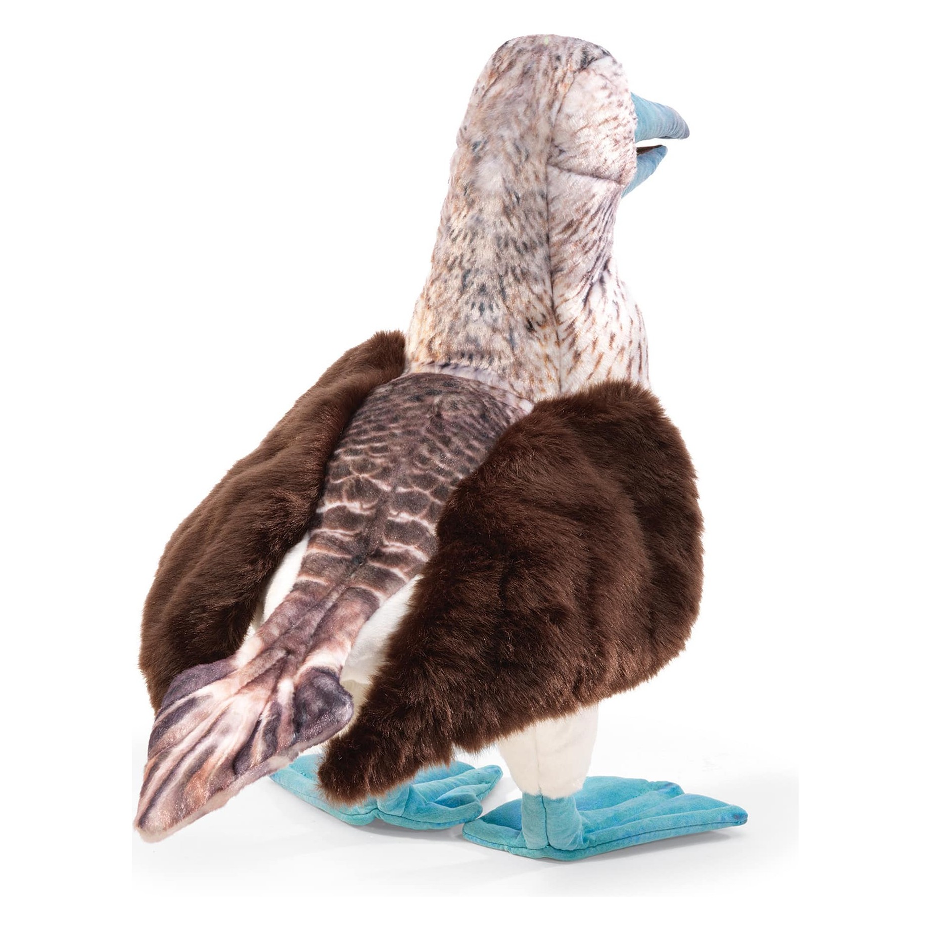 Folkmanis blue-footed booby hand puppet with turquoise feet, brown plush plumage and photorealistic printed head, shown at an angle
