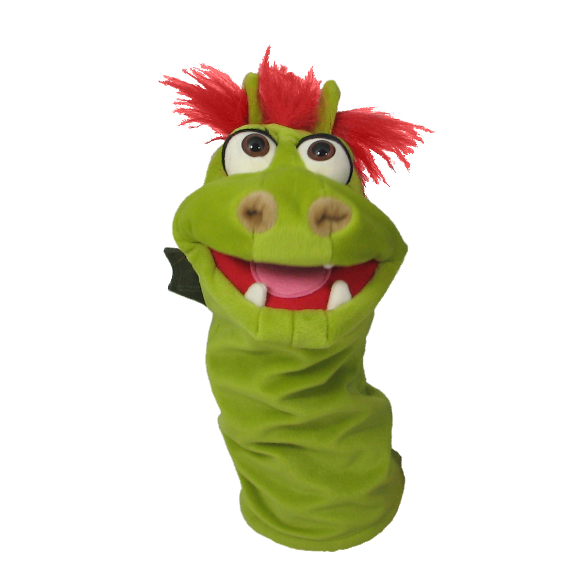 Living Puppets sock puppet Gregor the dragon, green with a red tuft of hair, nostrils and visible teeth, front view