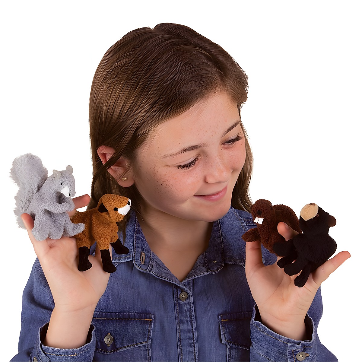 Girl wearing four Folkmanis woodland animal finger puppets on both hands: grey squirrel, fox, beaver and bear
