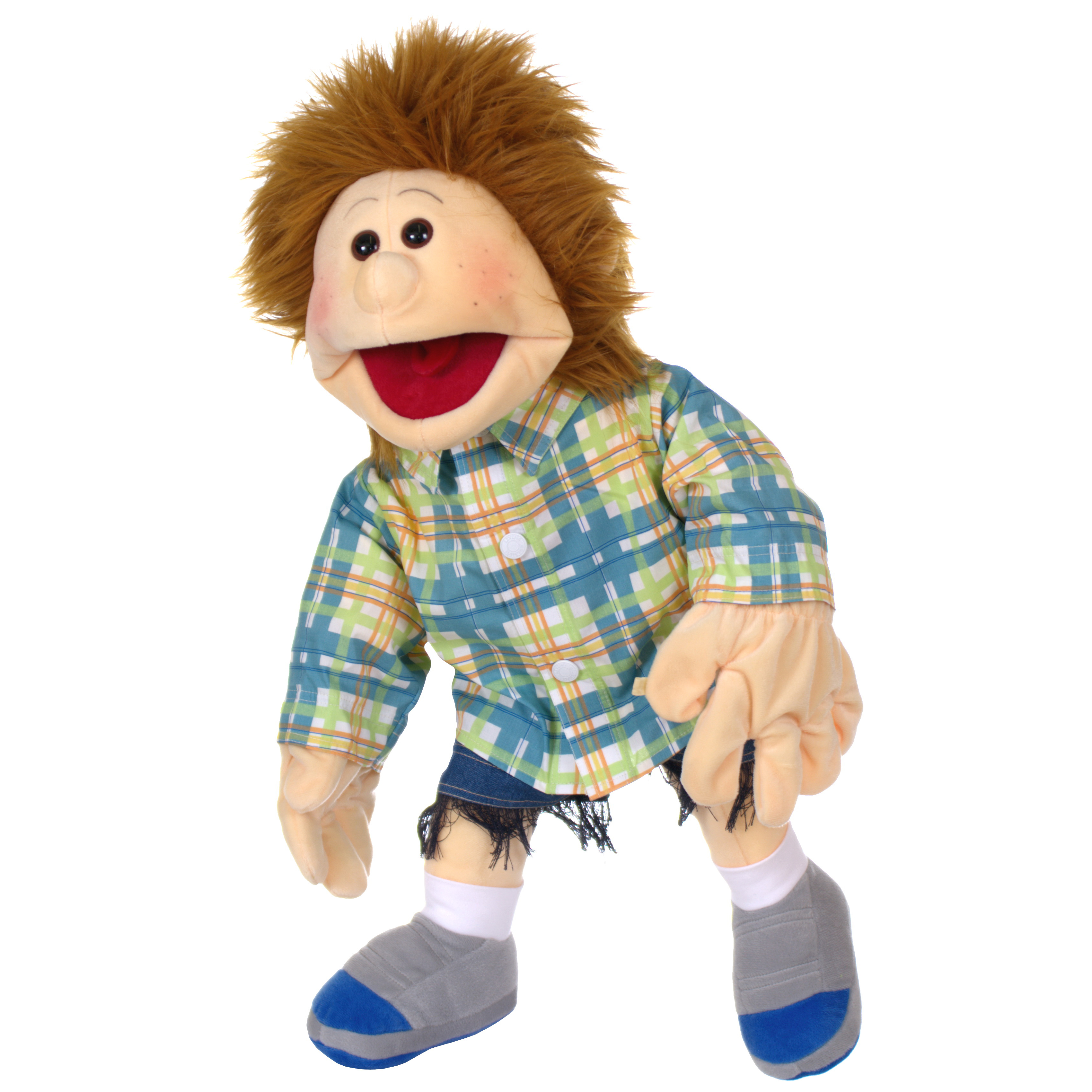 Living Puppets hand puppet Fabian with brown tousled hair, chequered shirt and frayed denim shorts