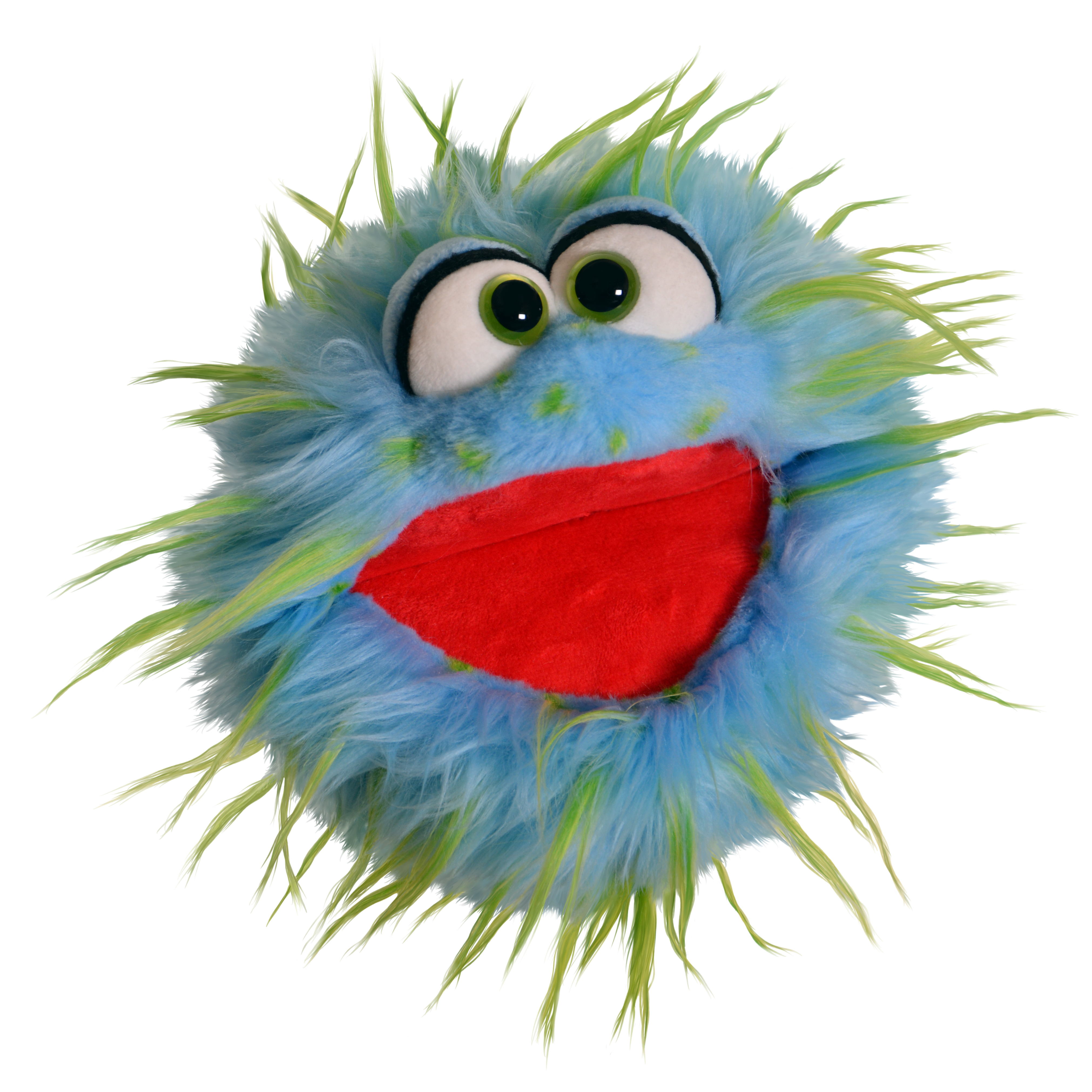 Living Puppets hand puppet Sutsche, light blue shaggy monster with green strands, green and yellow eyes and a wide open red mouth