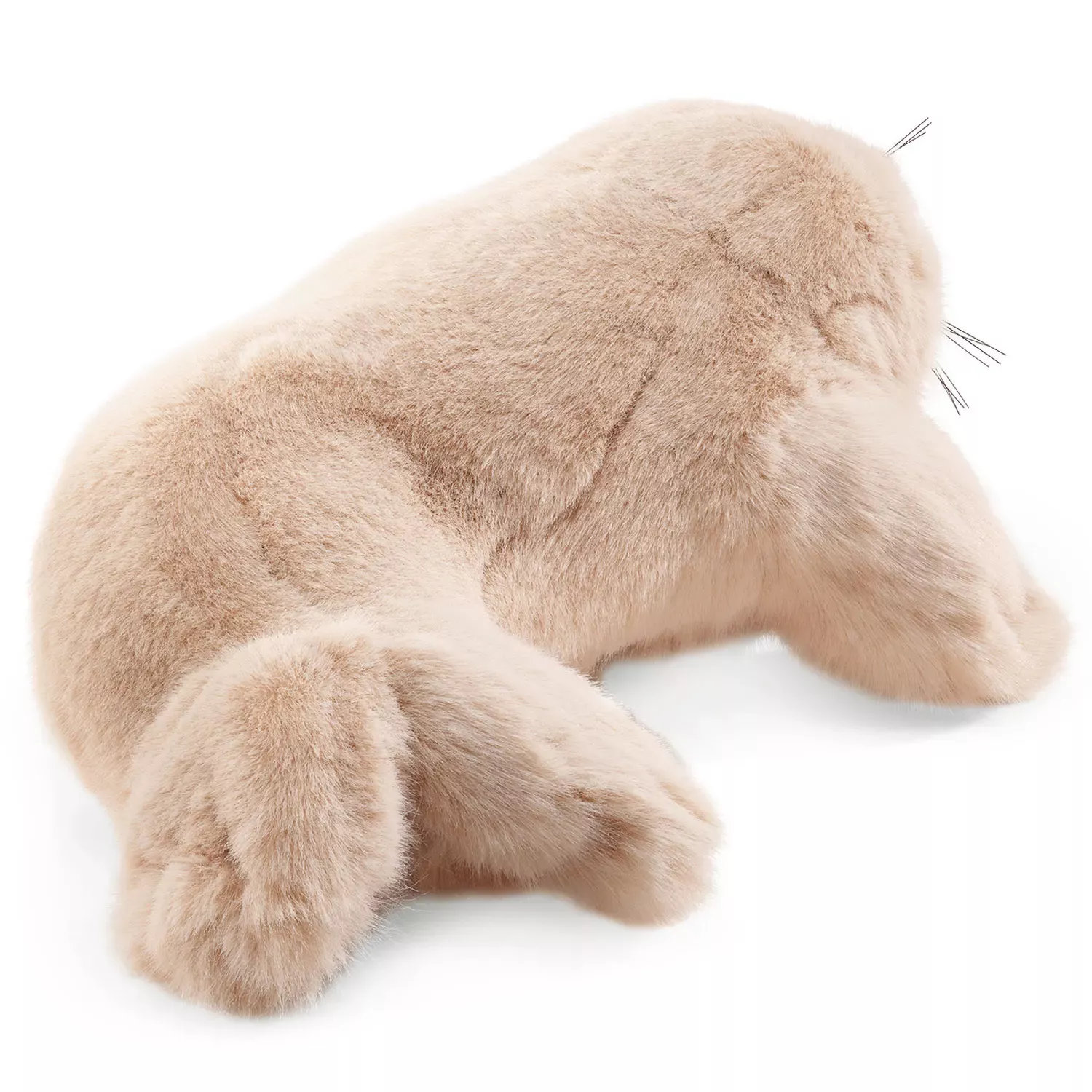 Folkmanis hand puppet harp seal pup in soft beige with metal whiskers, lying pose, rear three-quarter view