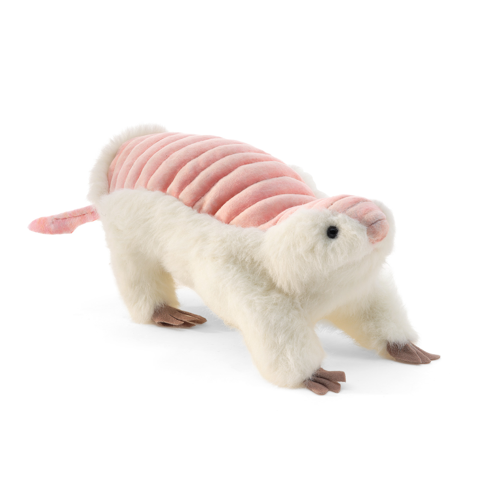 Folkmanis pink and cream-white fairy armadillo hand puppet shown standing in side view with a ribbed plush shell on its back
