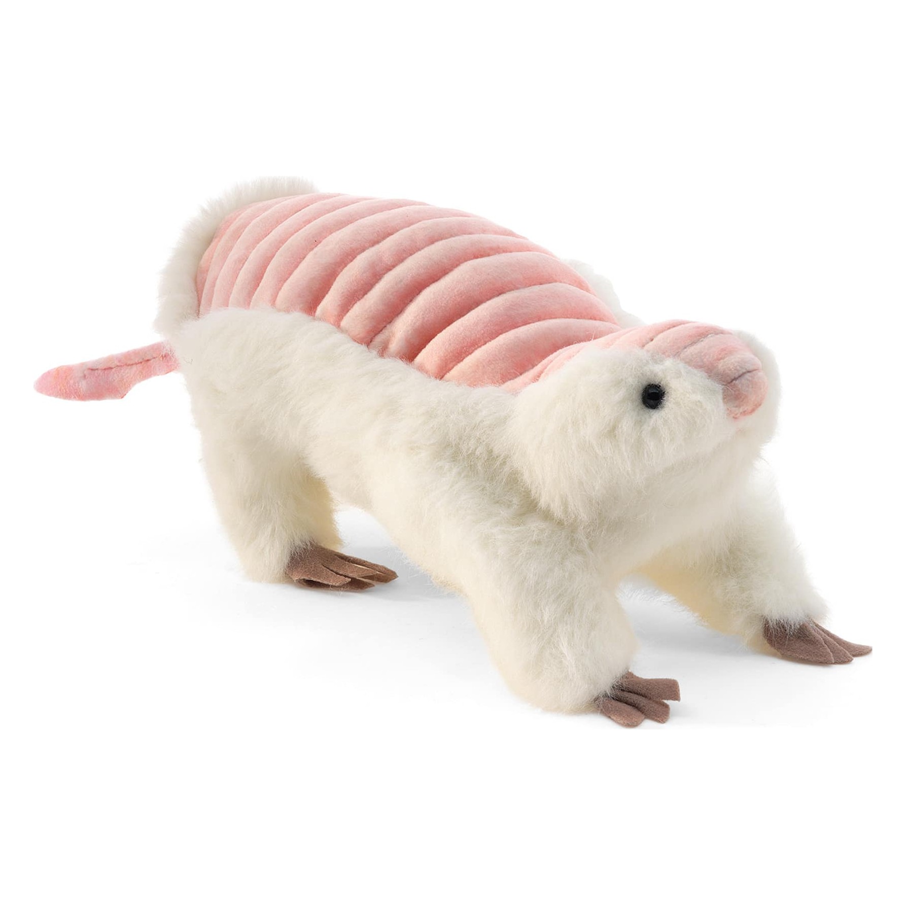 Folkmanis pink and cream-white fairy armadillo hand puppet shown standing in side view with a ribbed plush shell on its back