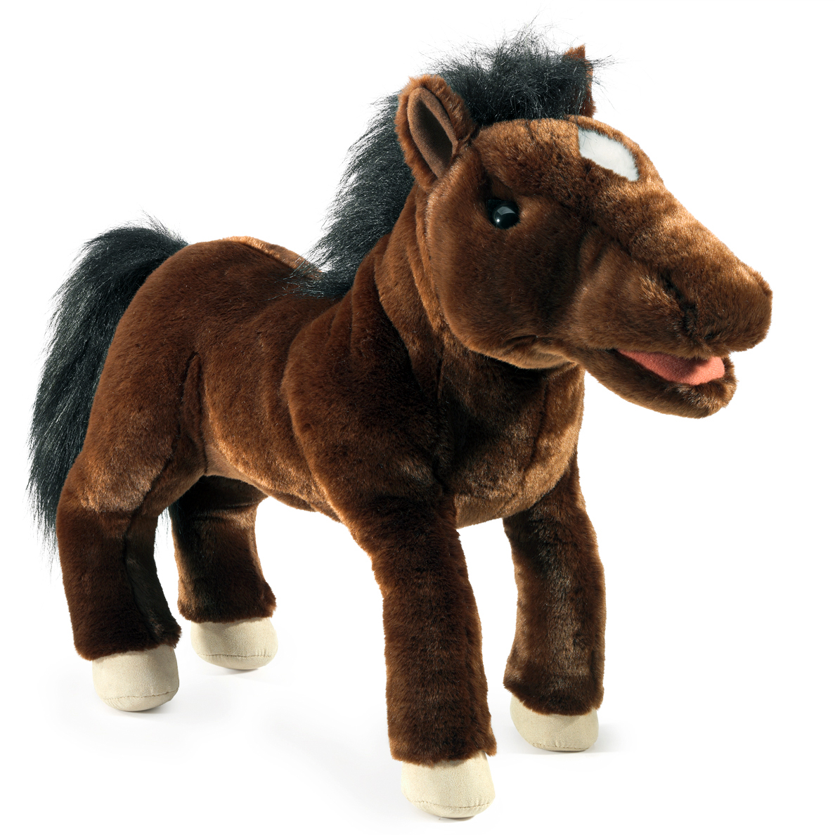 Folkmanis horse hand puppet in dark brown with black mane, white blaze and moving mouth, standing in side view