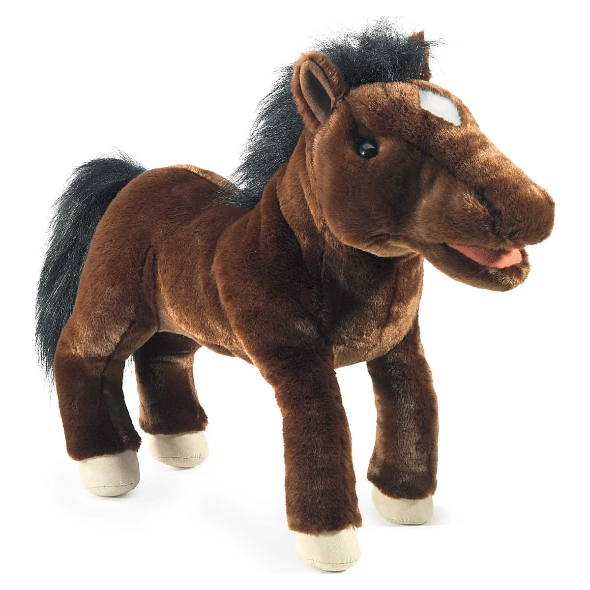 Folkmanis horse hand puppet in dark brown with black mane, white blaze and moving mouth, standing in side view
