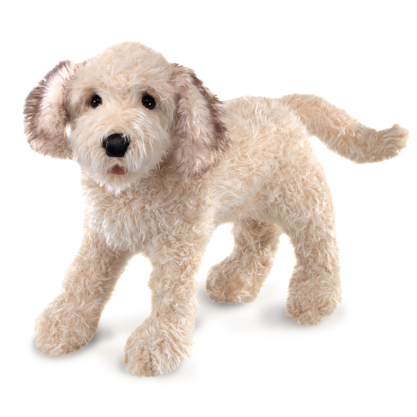 Folkmanis Labradoodle hand puppet with creamy curly fur and grey-brown ears, standing in side view