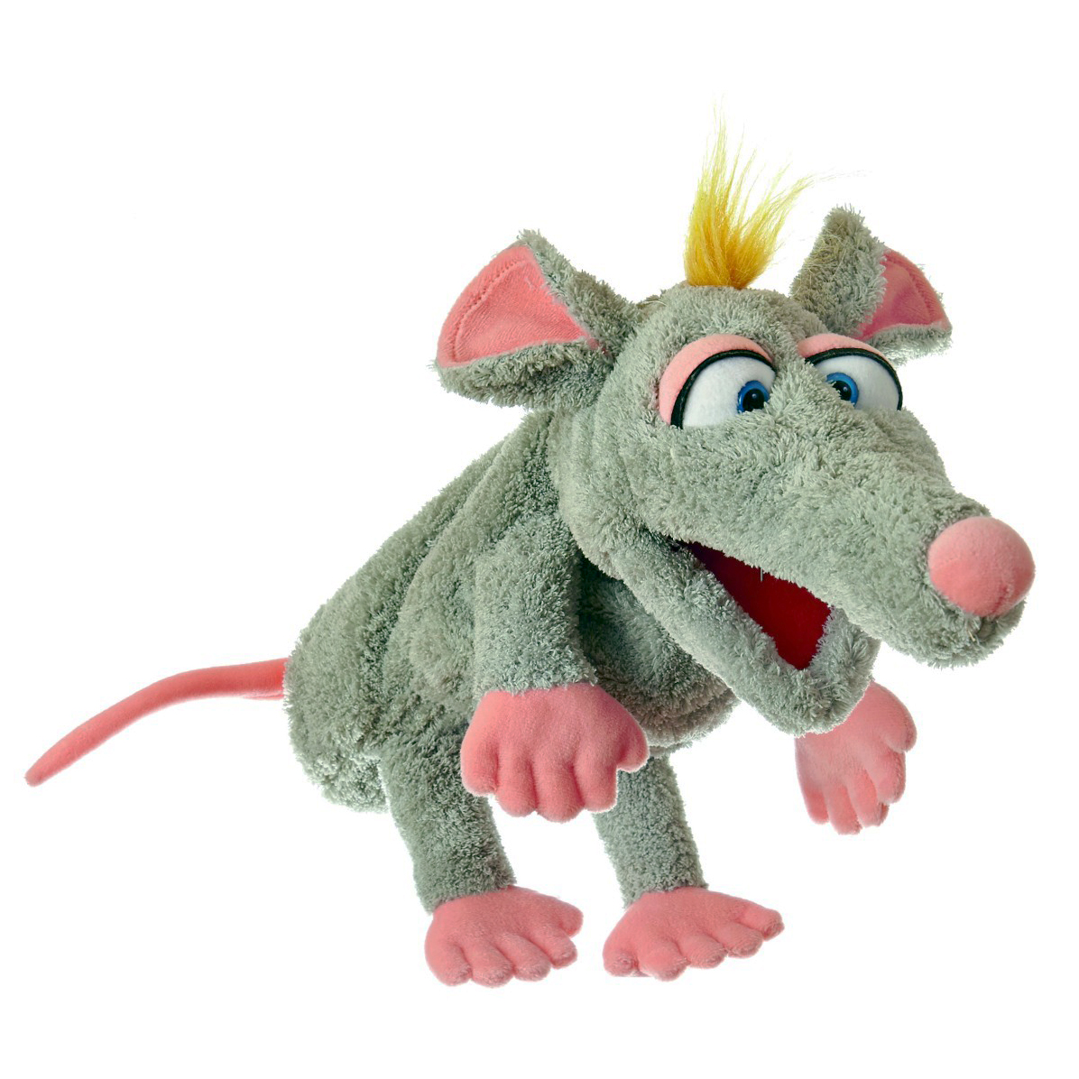 Living Puppets hand puppet Schnurzpiepe the mouse with grey-green fur, pink paws and nose, a yellow tuft of hair and a wide open mouth in a leaping pose
