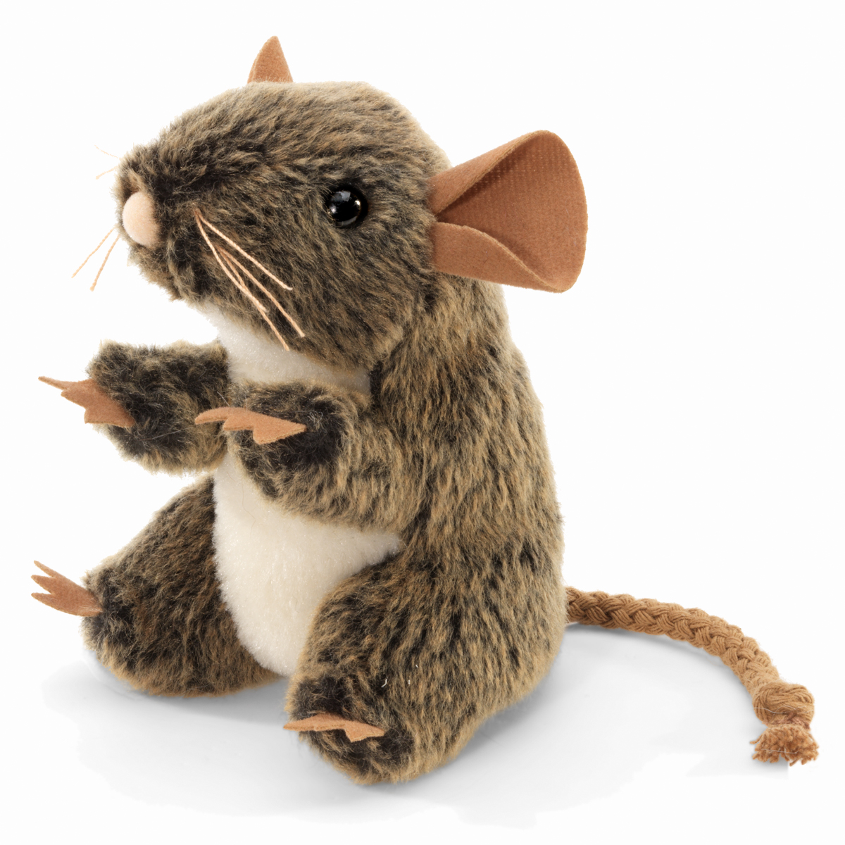 Folkmanis mini field mouse finger puppet in brown-grey plush, sitting with raised paws and a braided tail