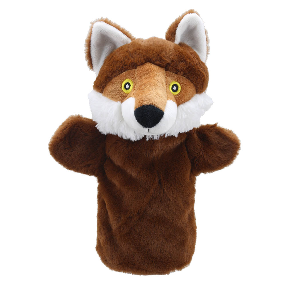 The Puppet Company baby hand puppet fox, reddish-brown fox with a white muzzle and yellow eyes