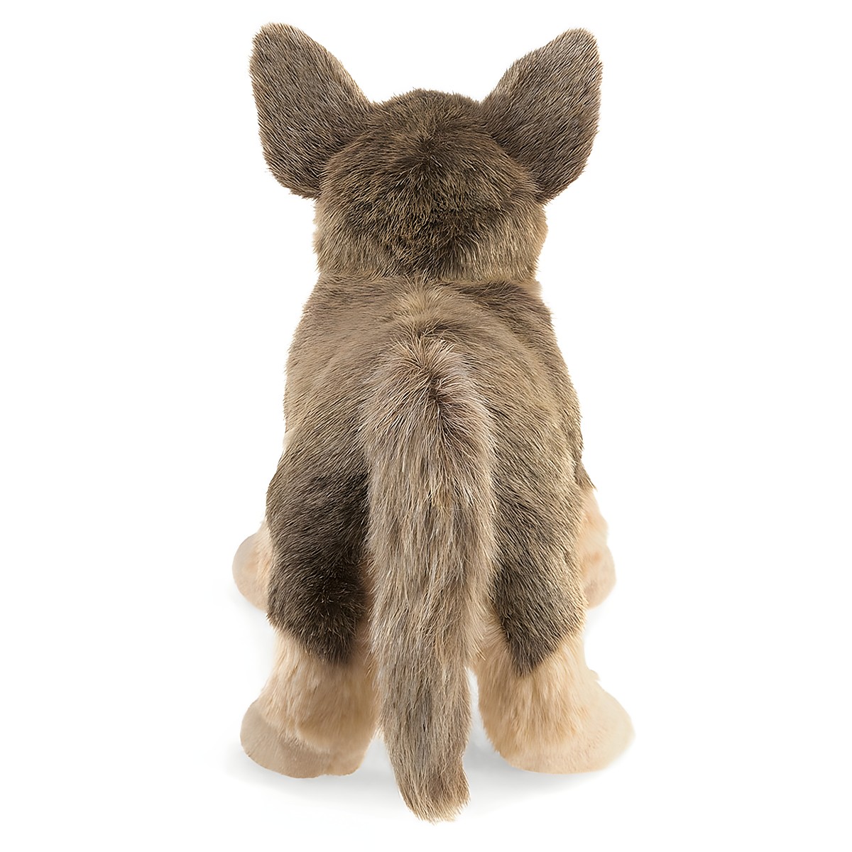 Folkmanis German Shepherd puppy hand puppet seen from behind, seated plush toy with brown-beige fur and upright ears