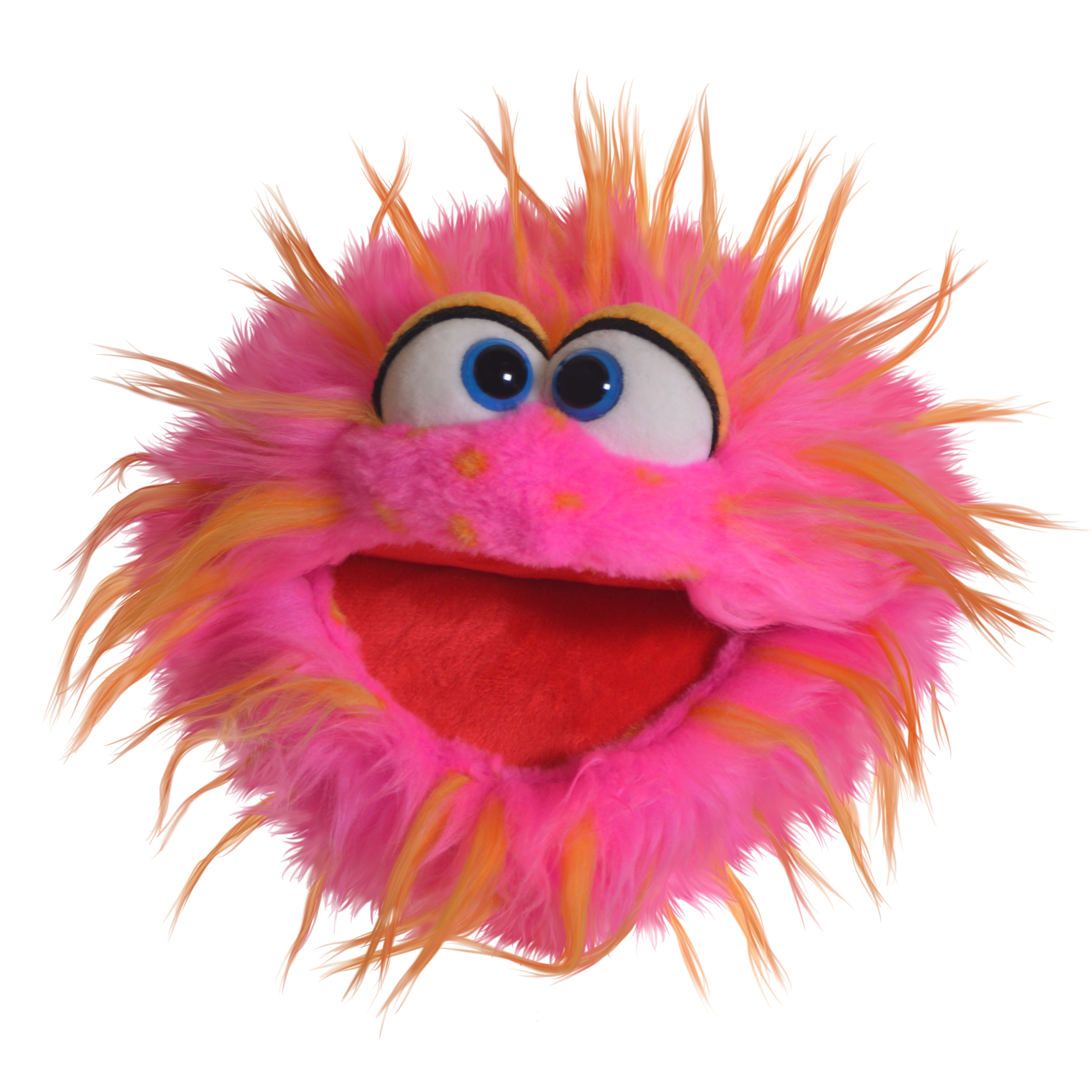 Living Puppets hand puppet Knaller, pink shaggy monster with yellow and orange strands, blue eyes and a wide open red mouth