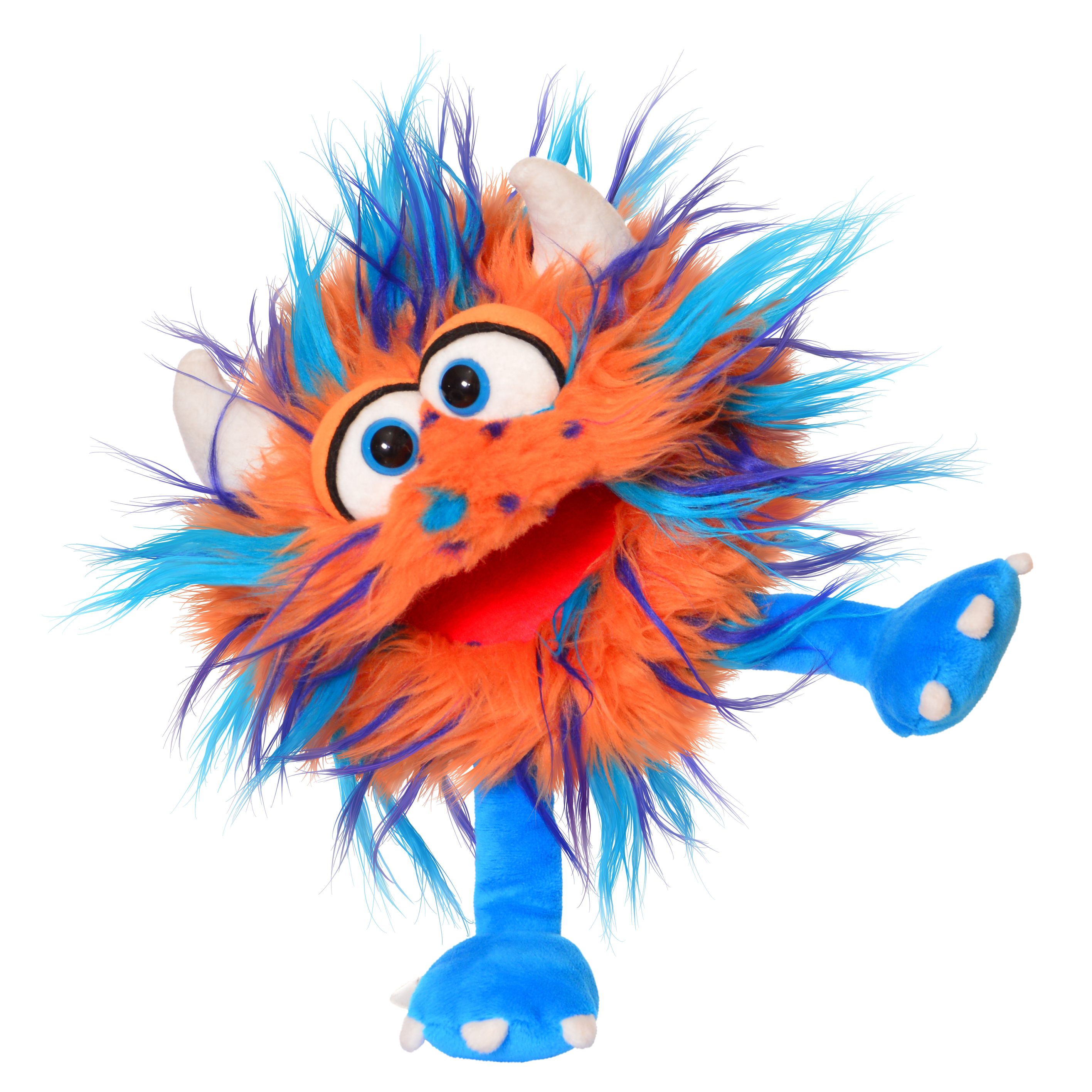 Living Puppets hand puppet Nubbles, orange shaggy monster with blue and purple strands, white horns and blue legs, one leg raised