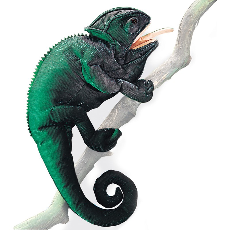 Folkmanis chameleon hand puppet in dark green and black with open mouth and extended tongue, climbing on a branch