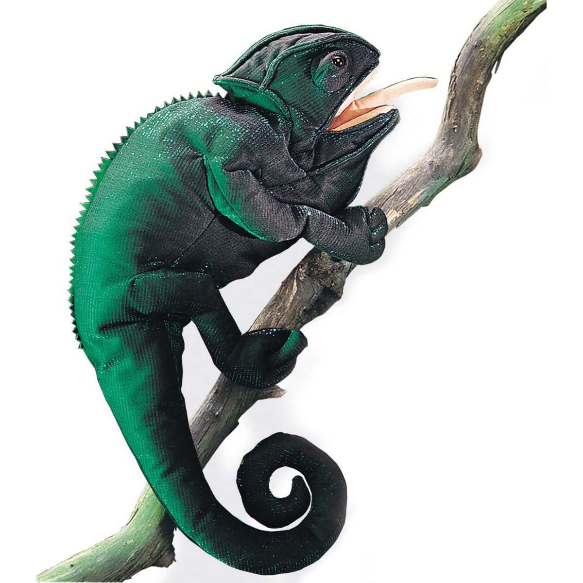 Folkmanis chameleon hand puppet in dark green and black with open mouth and extended tongue, climbing on a branch