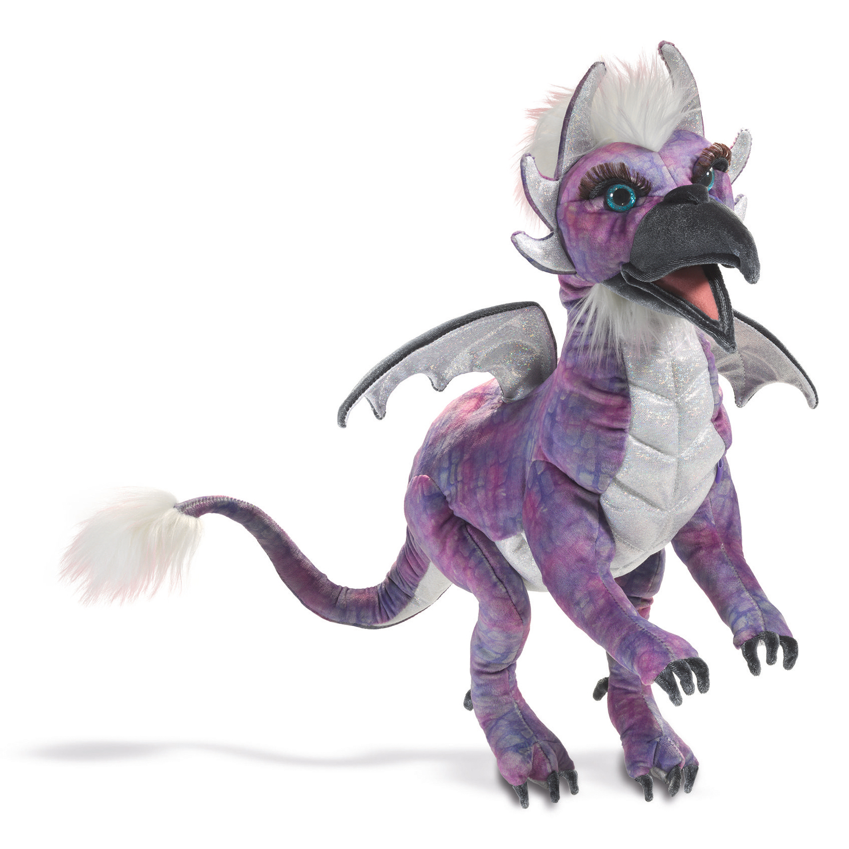 Folkmanis Beaked Dragon hand puppet in purple-silver with a black beak, white crest and open mouth, side view
