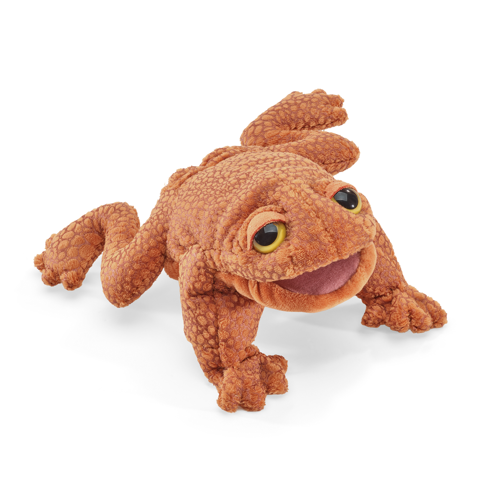 Folkmanis mini toad finger puppet in rust brown with a textured scale pattern, yellow-black eyes and an open mouth