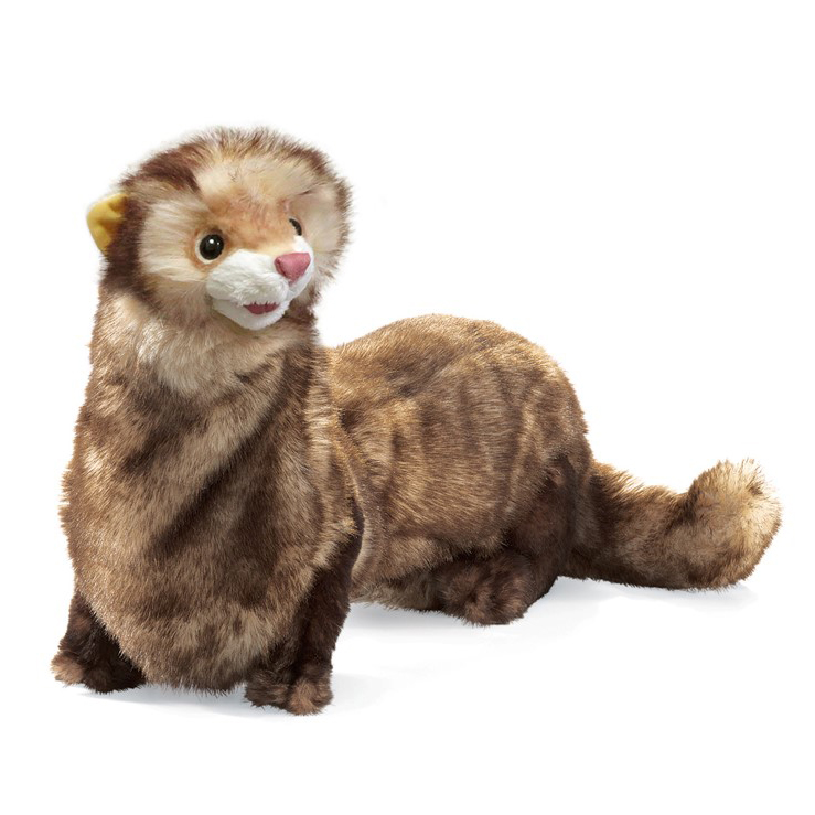 Folkmanis ferret hand puppet with brown-beige fur, pink nose and movable mouth in a side pose