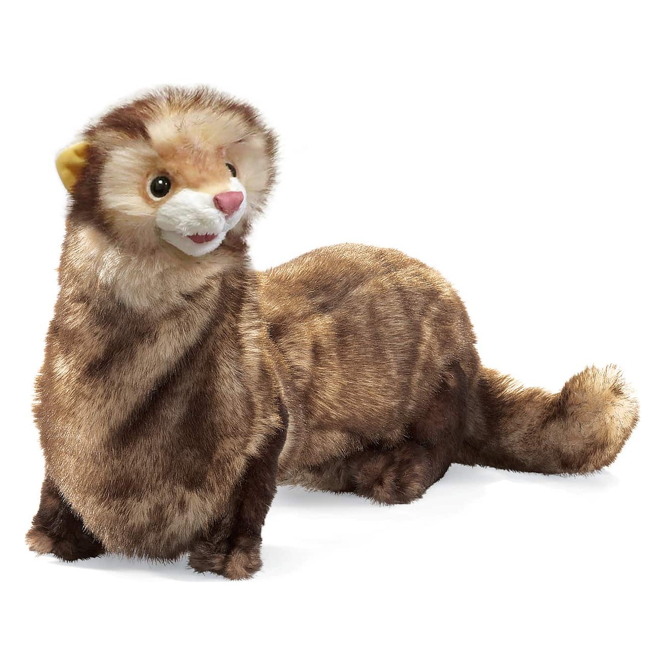 Folkmanis ferret hand puppet with brown-beige fur, pink nose and movable mouth in a side pose
