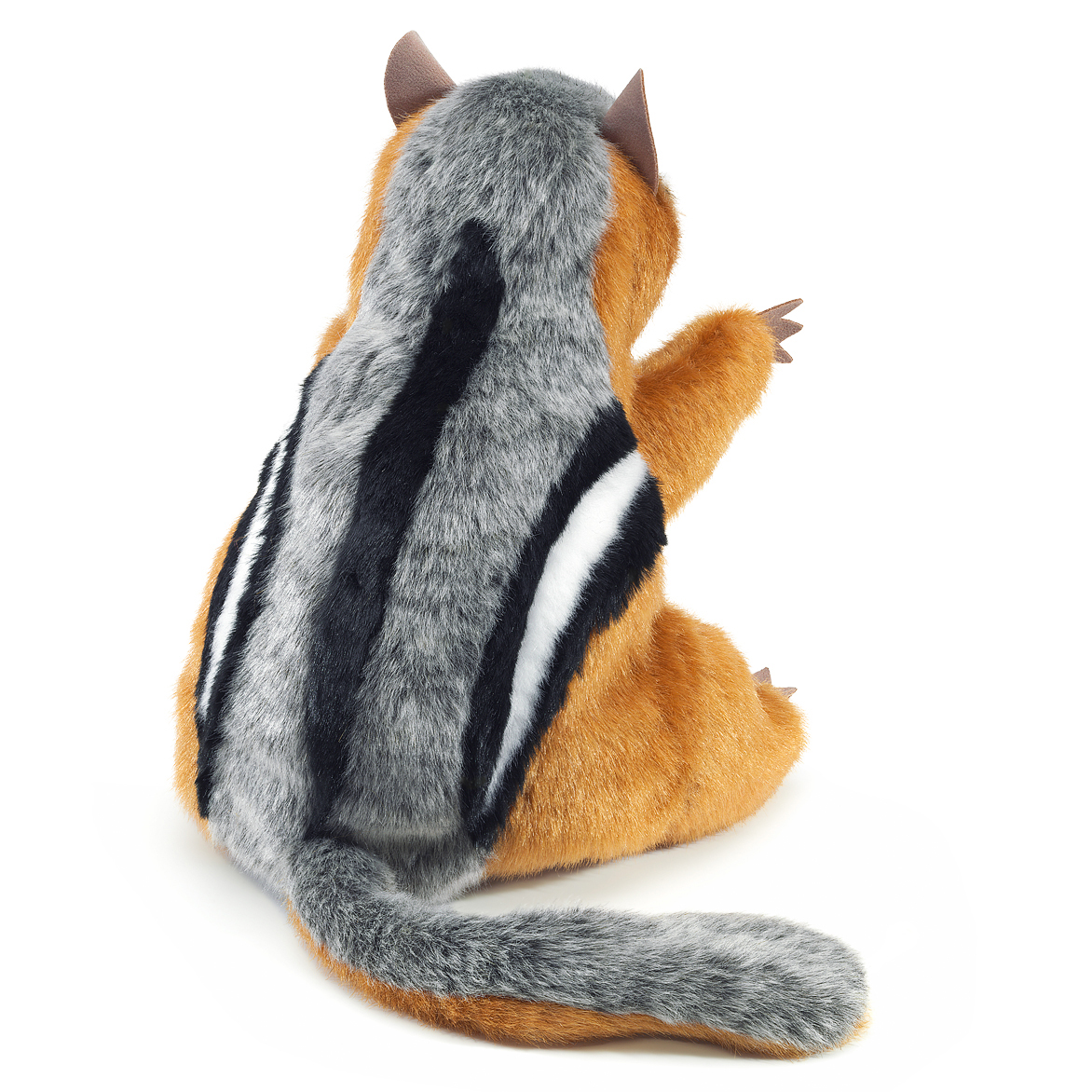 Folkmanis chipmunk hand puppet seen from behind: orange-brown plush fur with grey, black and white back stripes and a long grey tail