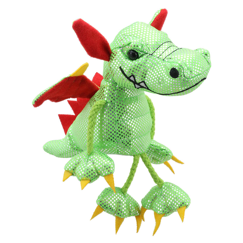The Puppet Company finger puppet green dragon, green glittery finger puppet with red wings and long fabric legs, front view