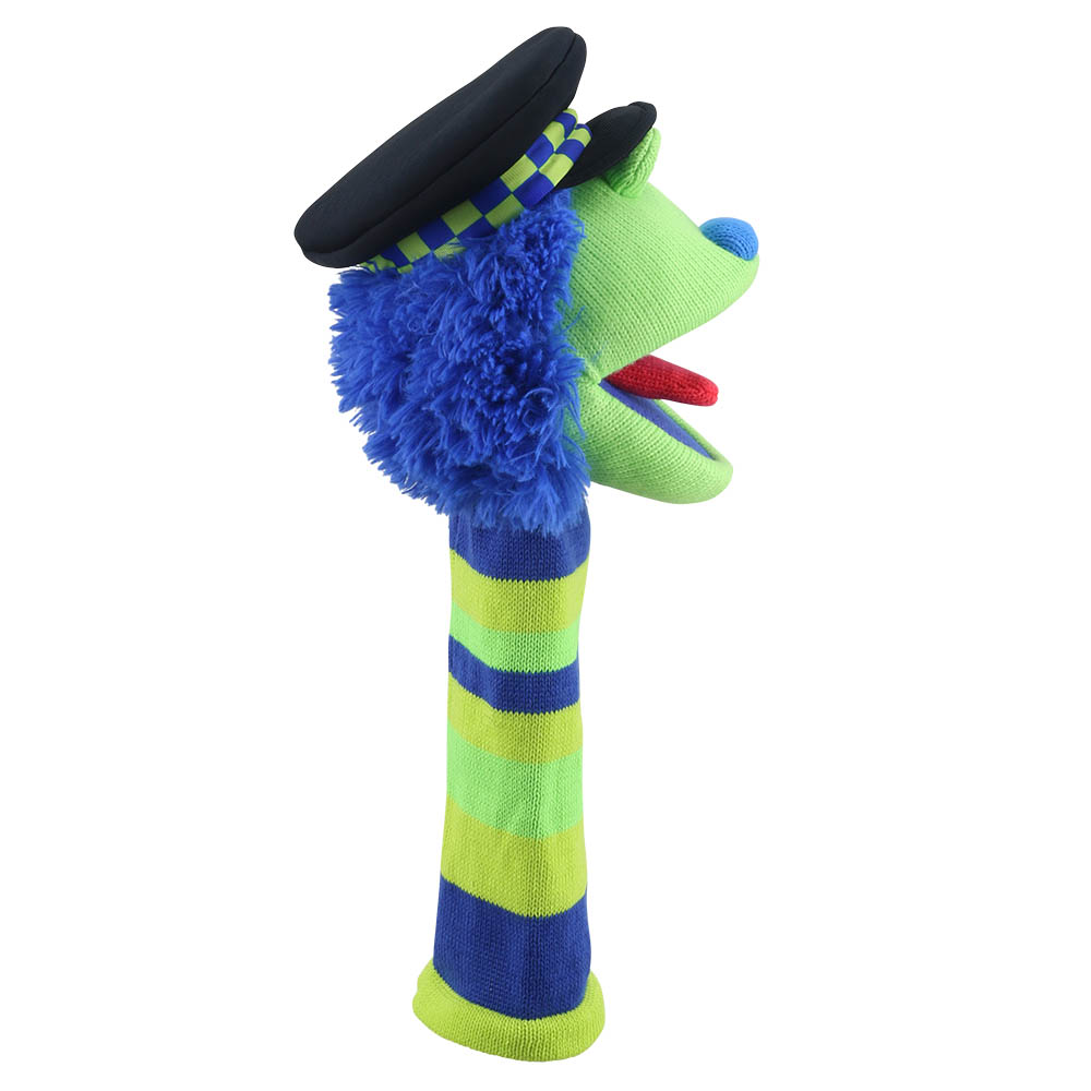 Puppet Company Bobby monster sock puppet in profile facing right, chequered band of the police cap, open mouth and striped knitted tube body