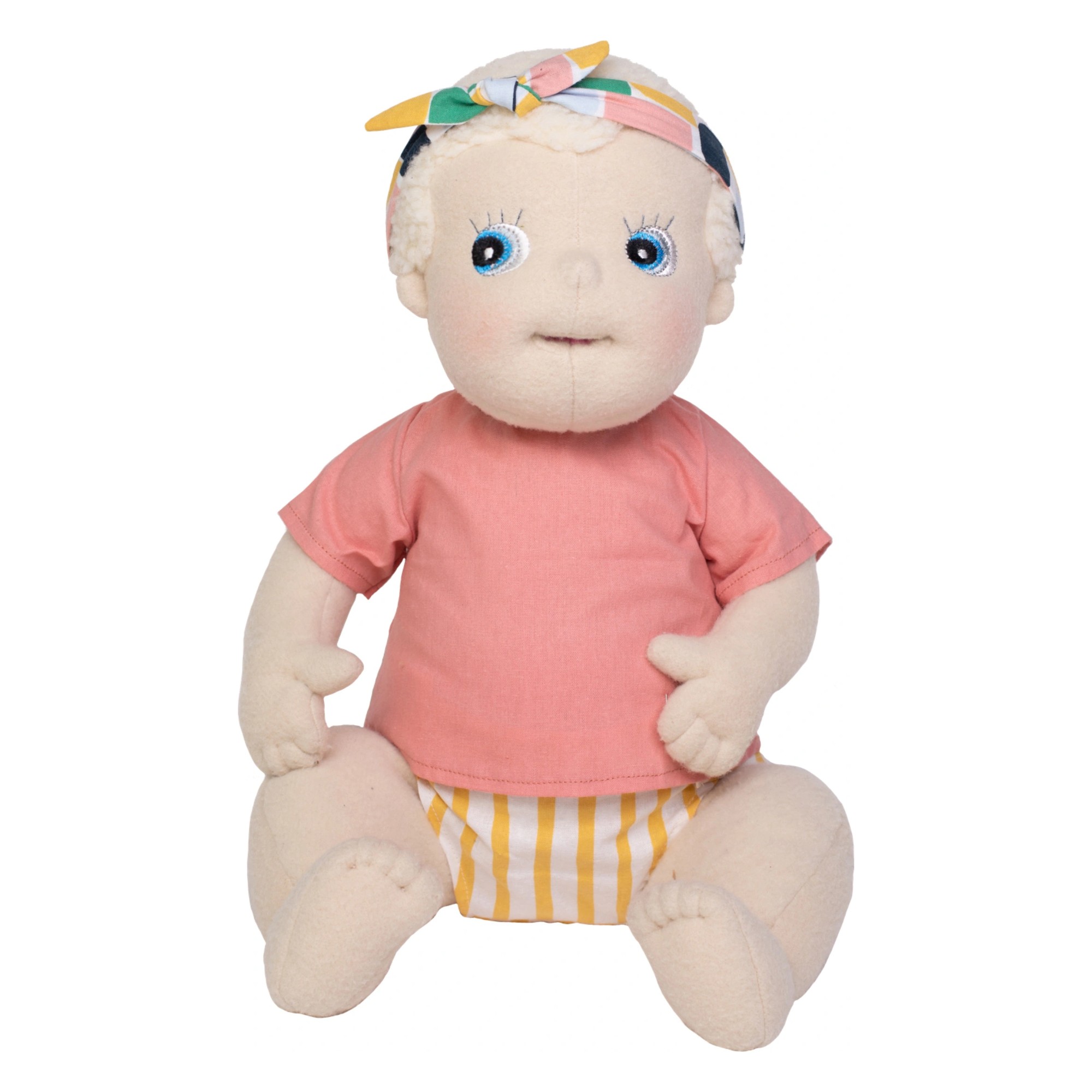 Rubens Barn baby doll Esme with light hair, pink shirt and yellow striped nappy pants, sitting