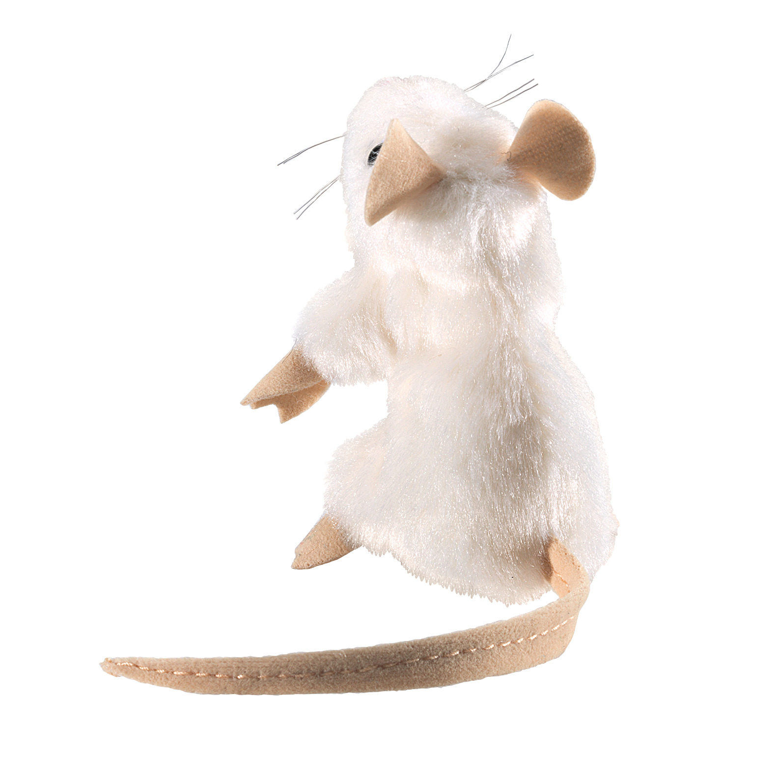 Folkmanis finger puppet mini white mouse with beige fabric tail, velvet ears and wire whiskers, seen from a slight angle