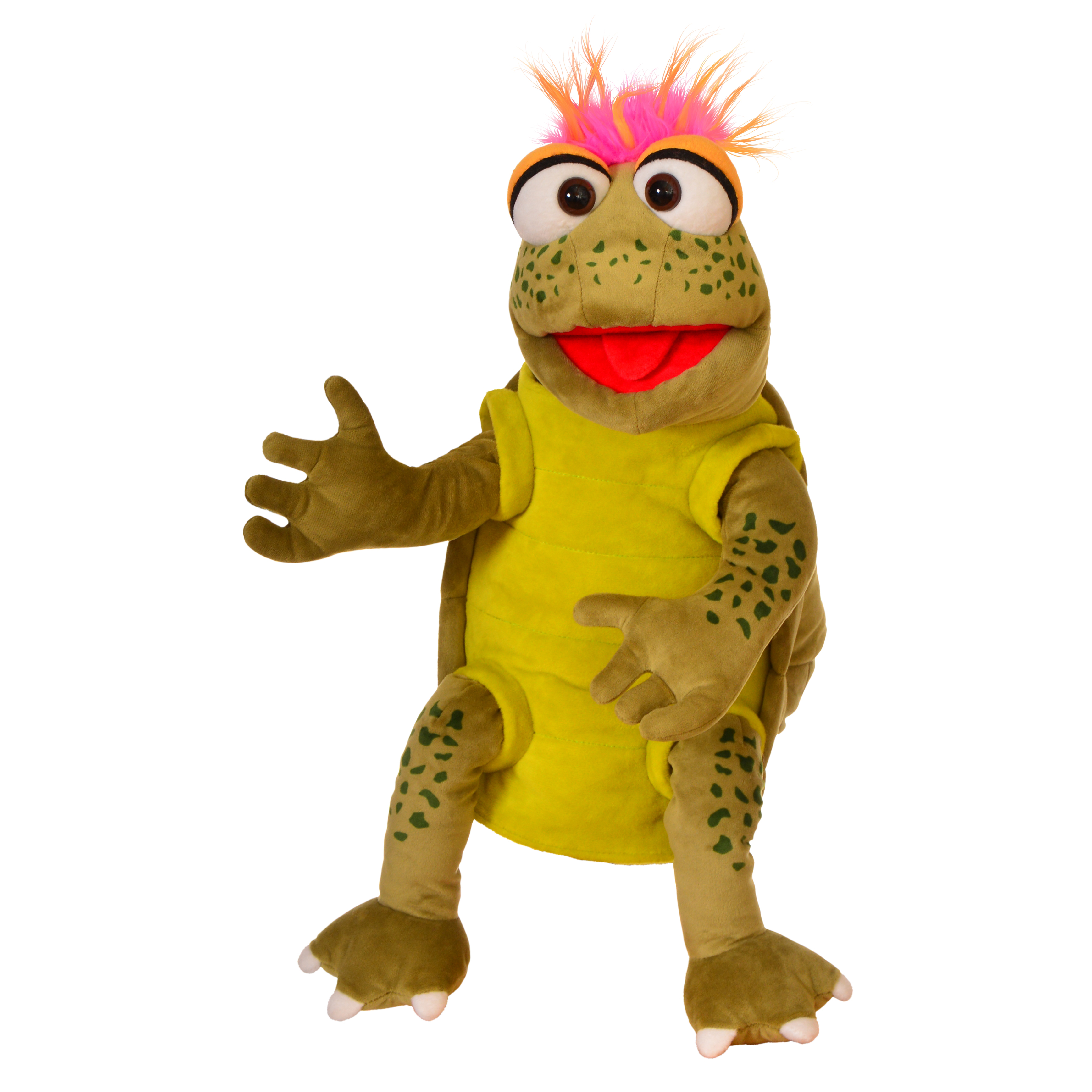 Living Puppets hand puppet Slow Moe the turtle with a yellow belly, pink and orange tuft of hair and shell on its back, waving