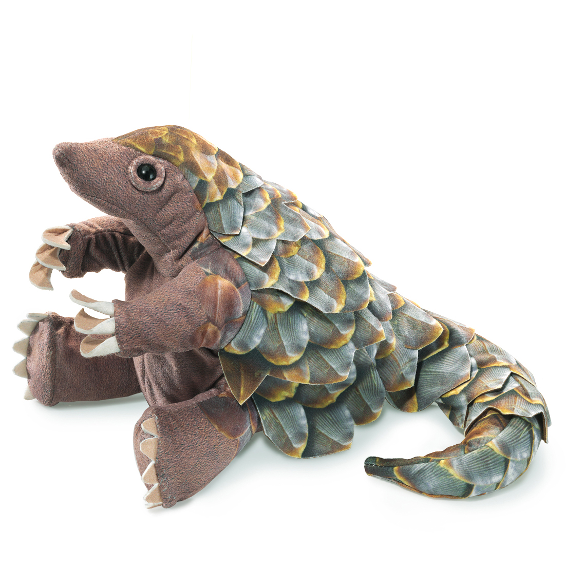 Folkmanis pangolin hand puppet with detailed grey-blue-brown scales, open mouth and claws, side view