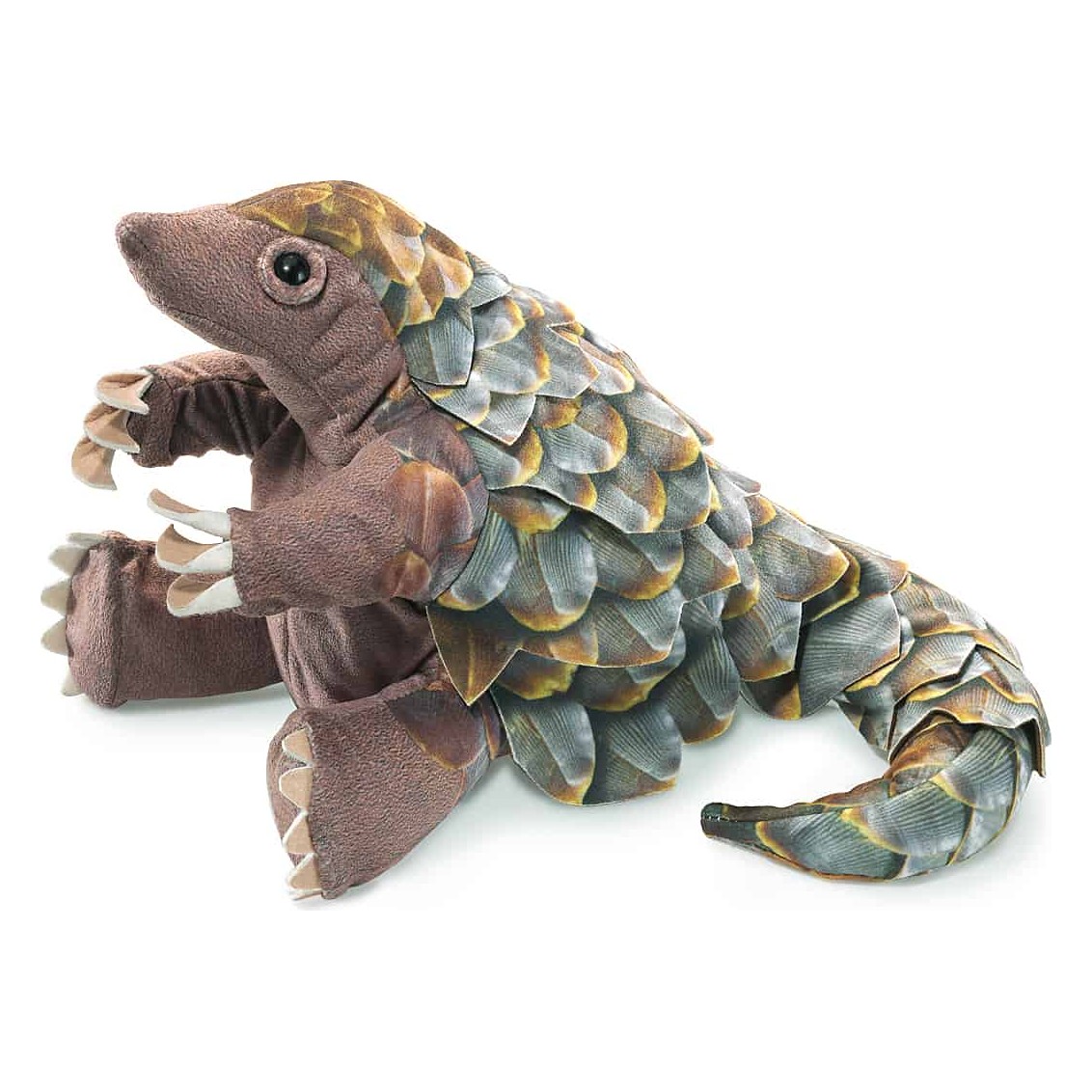Folkmanis pangolin hand puppet with detailed grey-blue-brown scales, open mouth and claws, side view