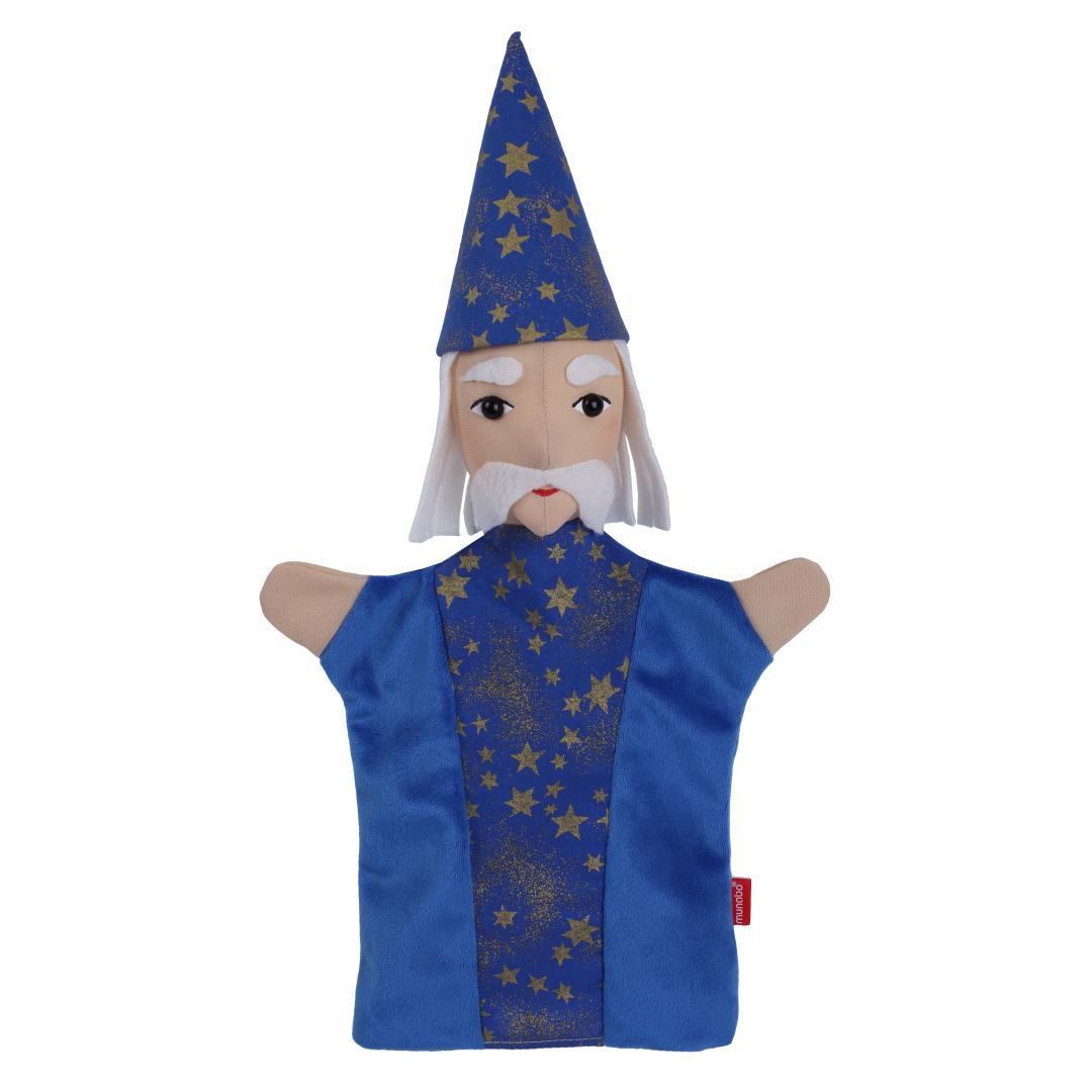 Good Wizard hand puppet by munabo, front view: blue pointed hat and blue robe with golden stars, white hair and a white moustache.