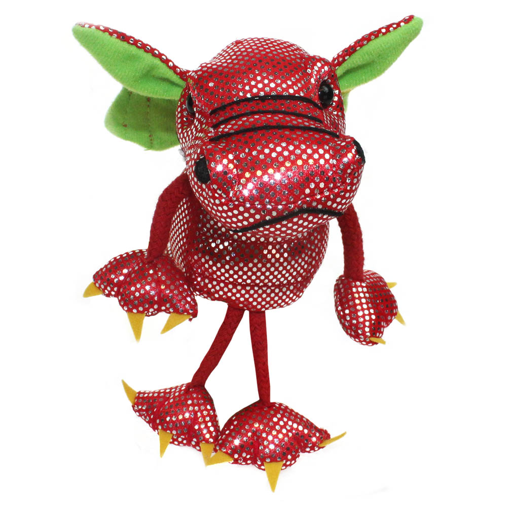 The Puppet Company finger puppet dragon, sparkly red dragon with green ears, front view