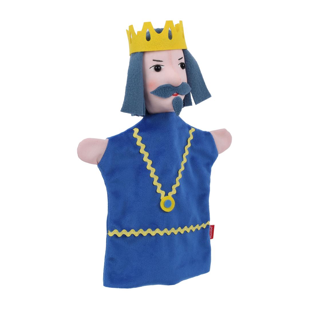 King hand puppet by munabo, turned slightly to the side with a stern gaze and a gold pendant on his robe.