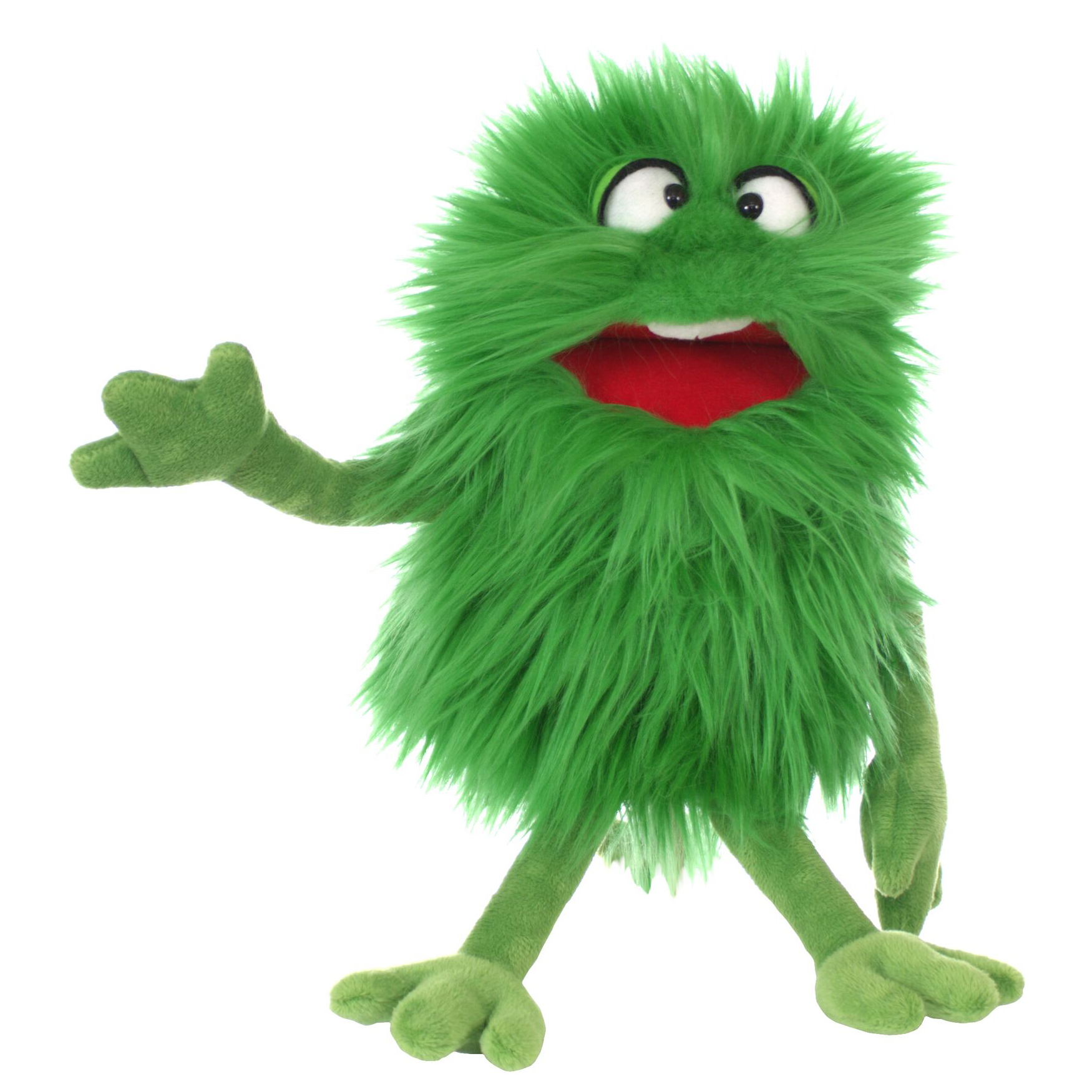 Living Puppets hand puppet Schlick from the Monster to go series, green shaggy monster with an open red mouth and one hand raised