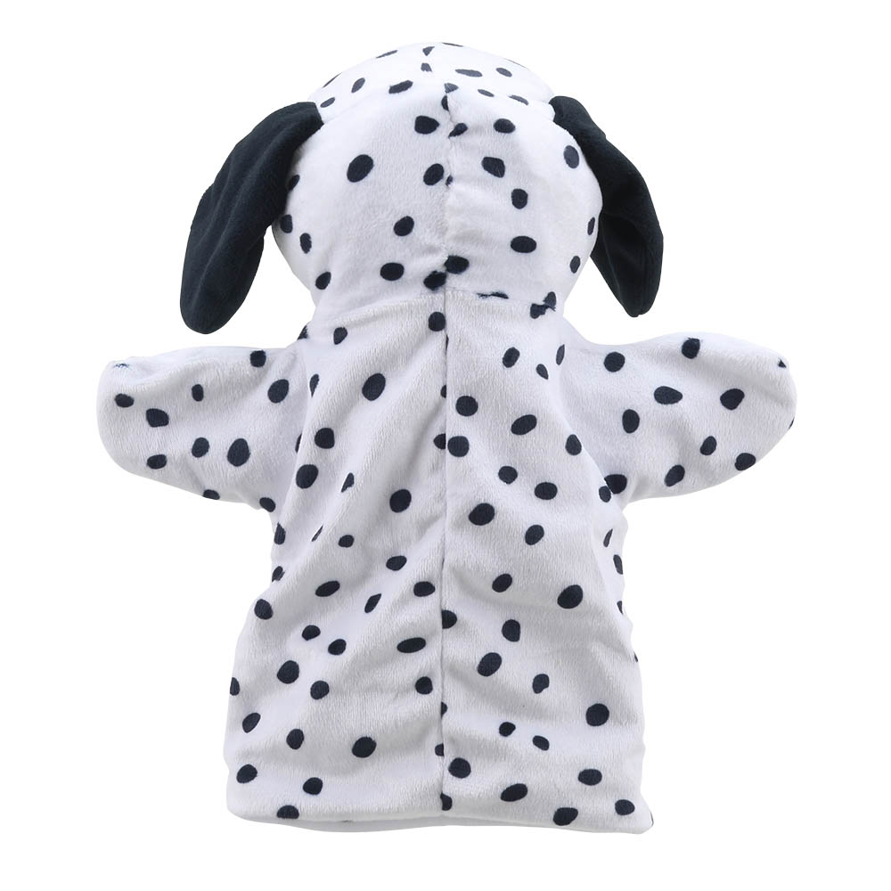 The Puppet Company hand puppet dalmatian, back view with black ears and spotted fur