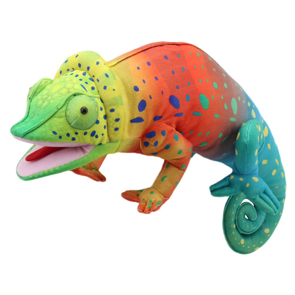 The Puppet Company hand puppet large chameleon, rainbow-coloured chameleon with a curled tail