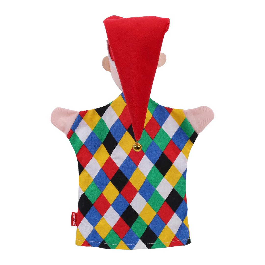 Kasper hand puppet by munabo, rear view of the pointed red cap over blond hair and the diamond-patterned top.